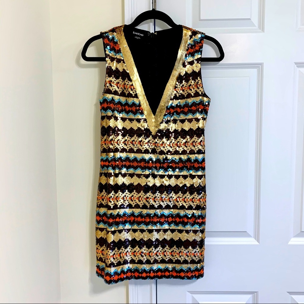 Multi-colored Plunge Neck Sequin Mini Dress